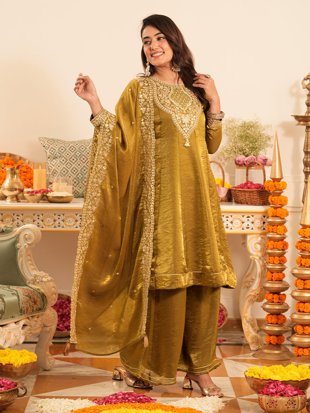 Golden Silk Embroidered Anarkali Suit Set