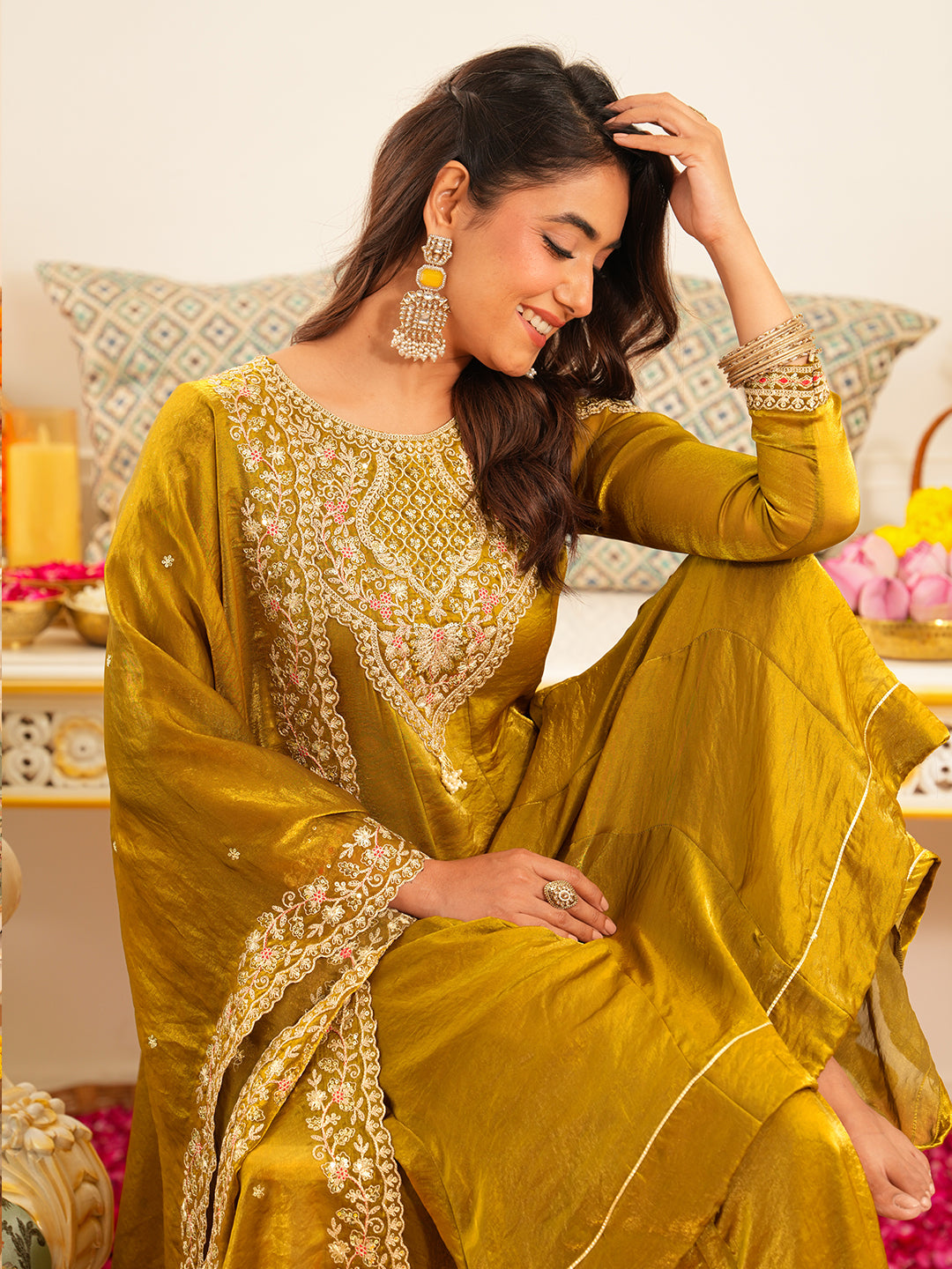 Golden Silk Embroidered Anarkali Suit Set