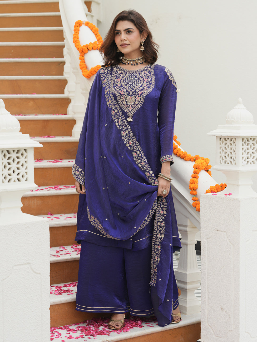 Royal Blue Silk Embroidered Anarkali Set With Dupatta