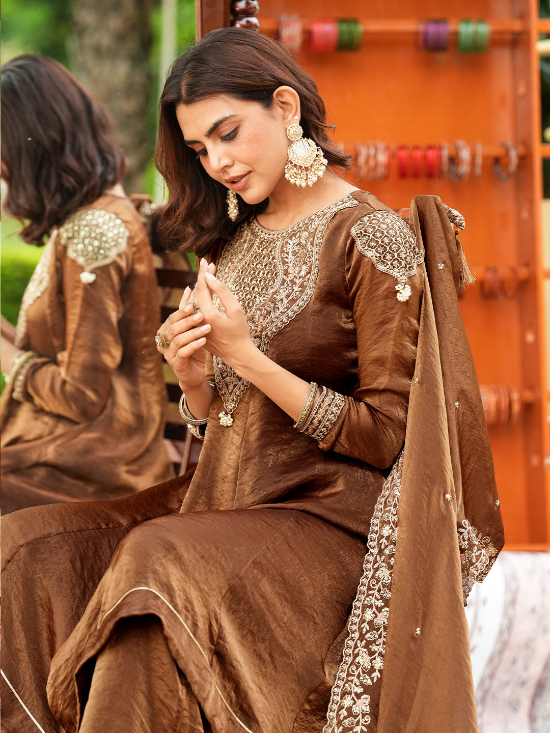 Brown Silk Embroidered Anarkali Set