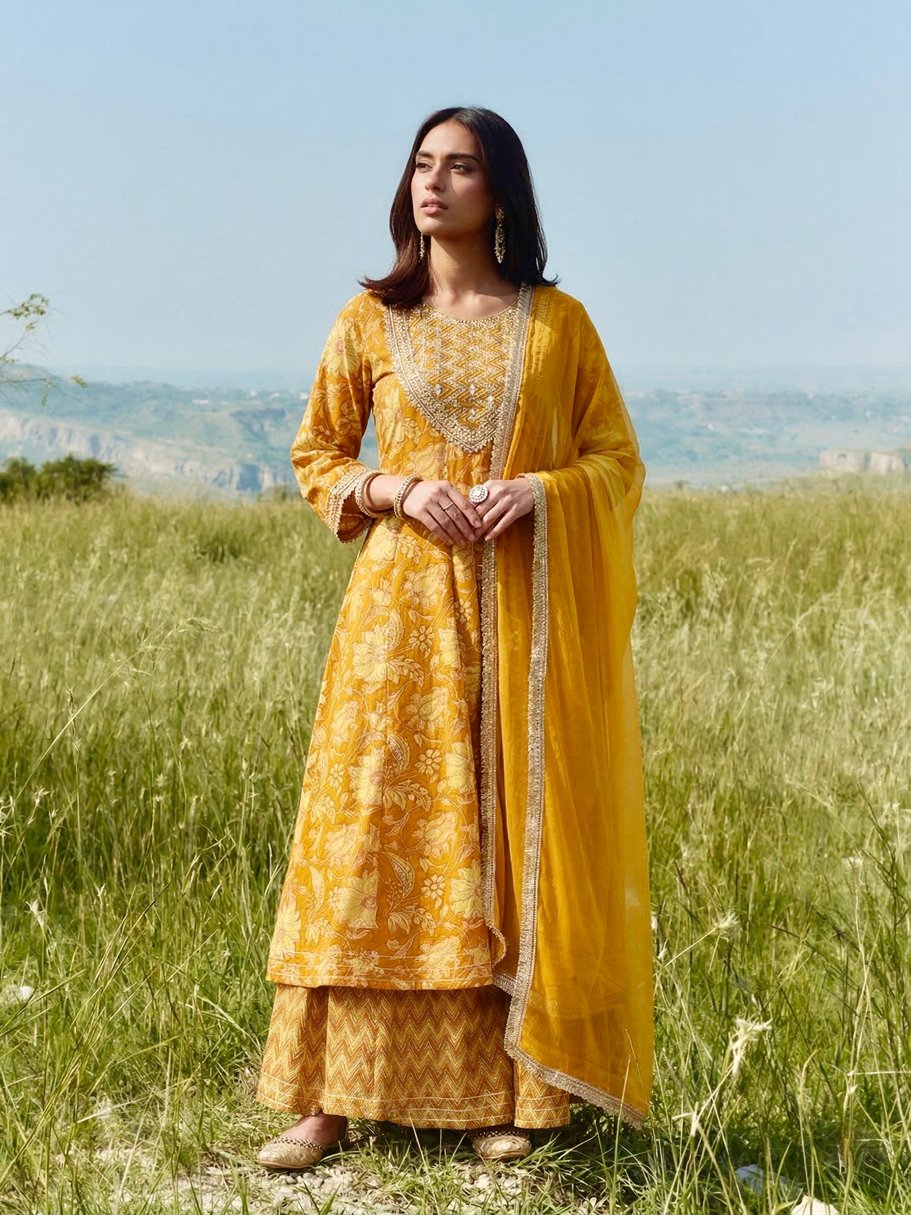 Women’s Yellow Cotton Printed Anarkali Kurta Palazzo Set with Dupatta