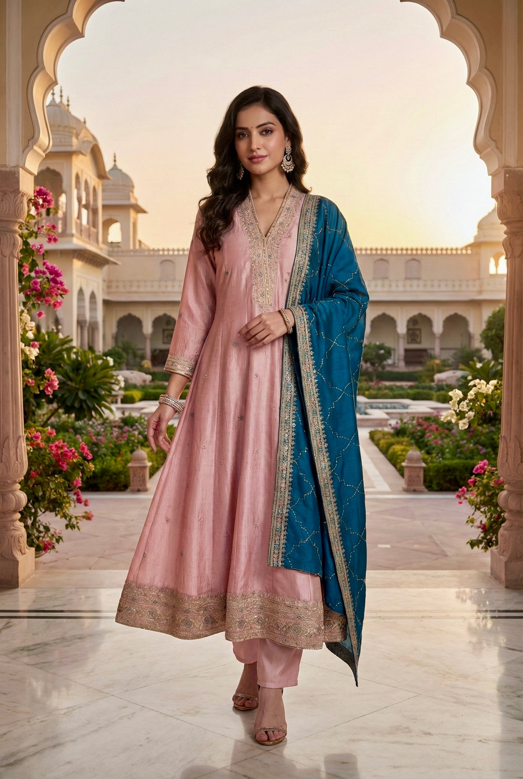 Pink Embroidered Silk Anarkali Kurta With Dupatta Set