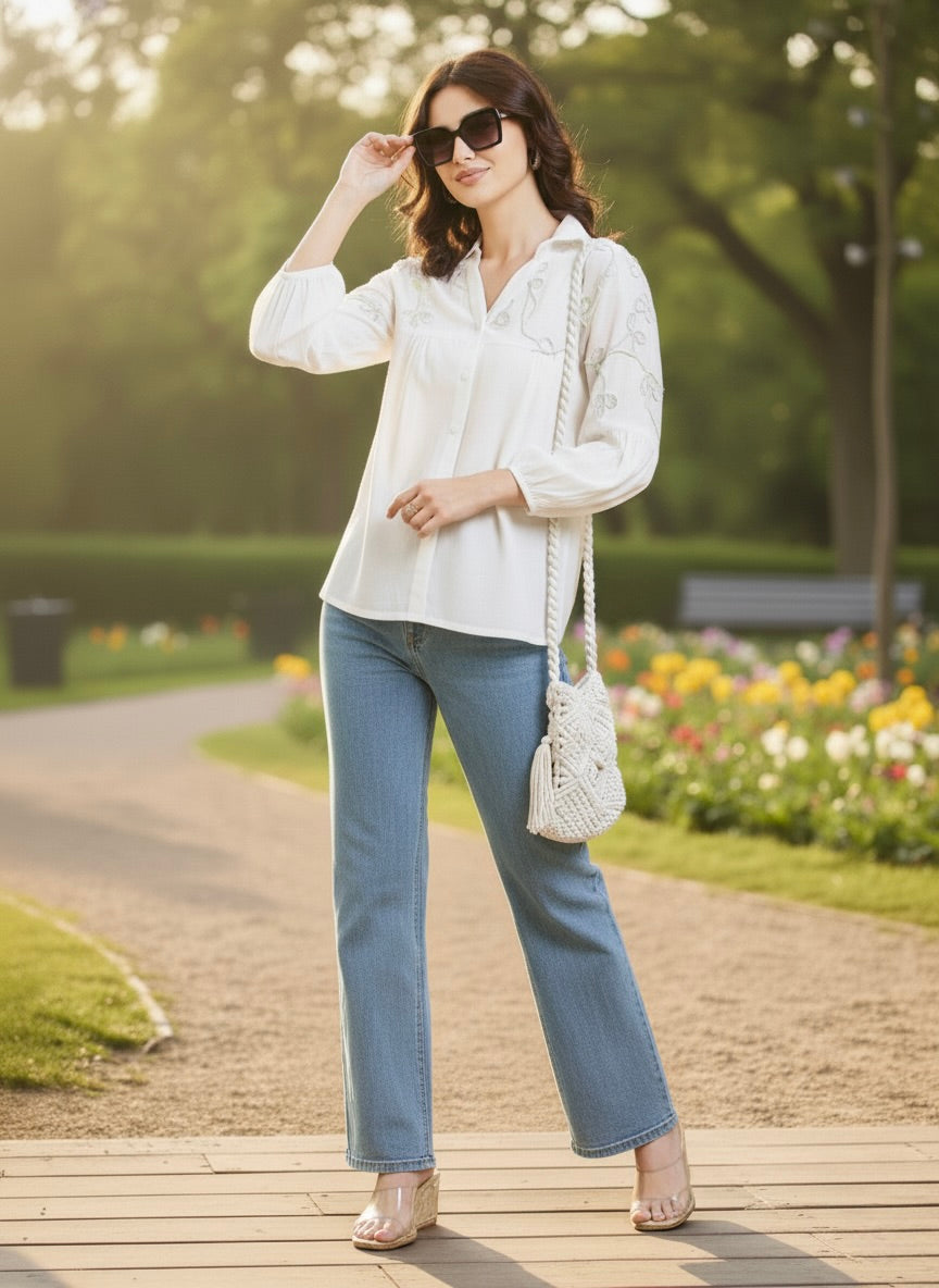 Designer White Embroidered Rayon Shirt for Women