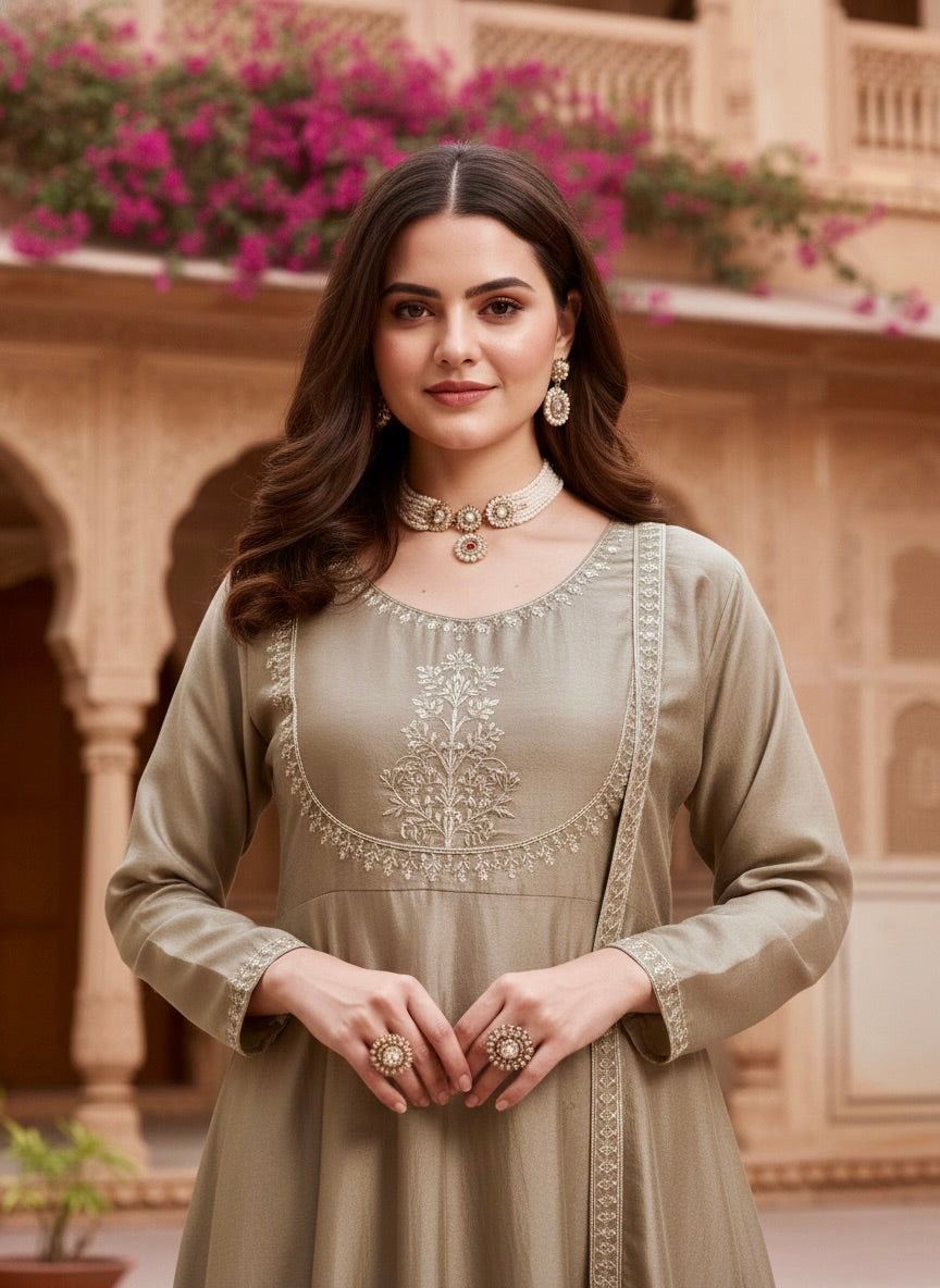 Grey Embroidered Silk Anarkali Kurta With Dupatta Set