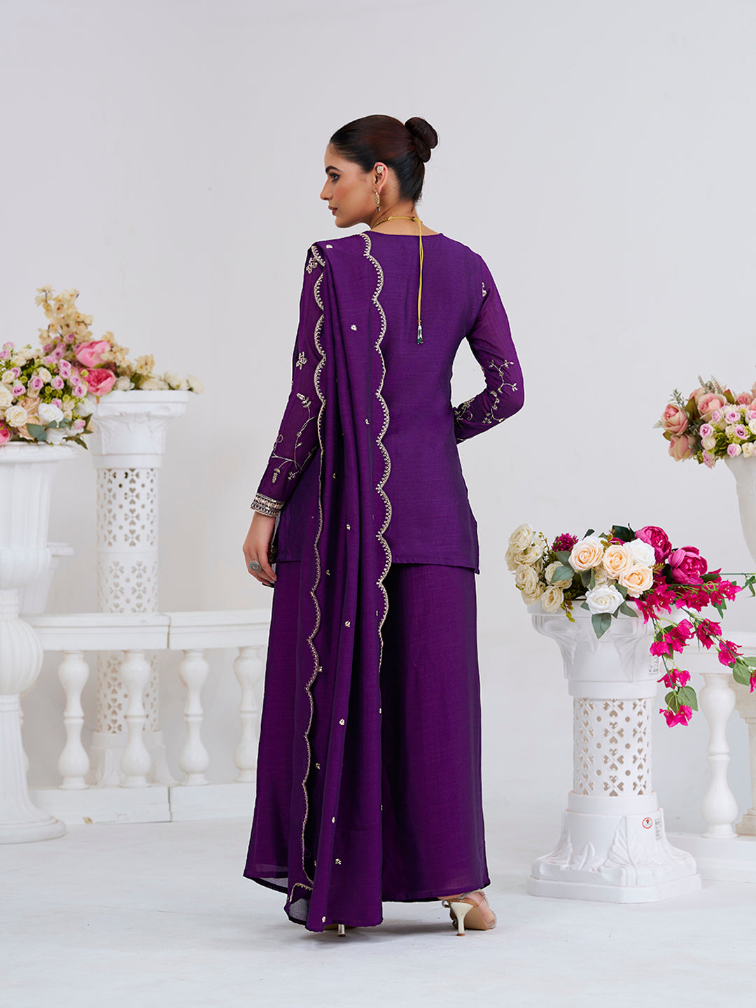 Violet Embroidered Peplum Top with Sharara Set