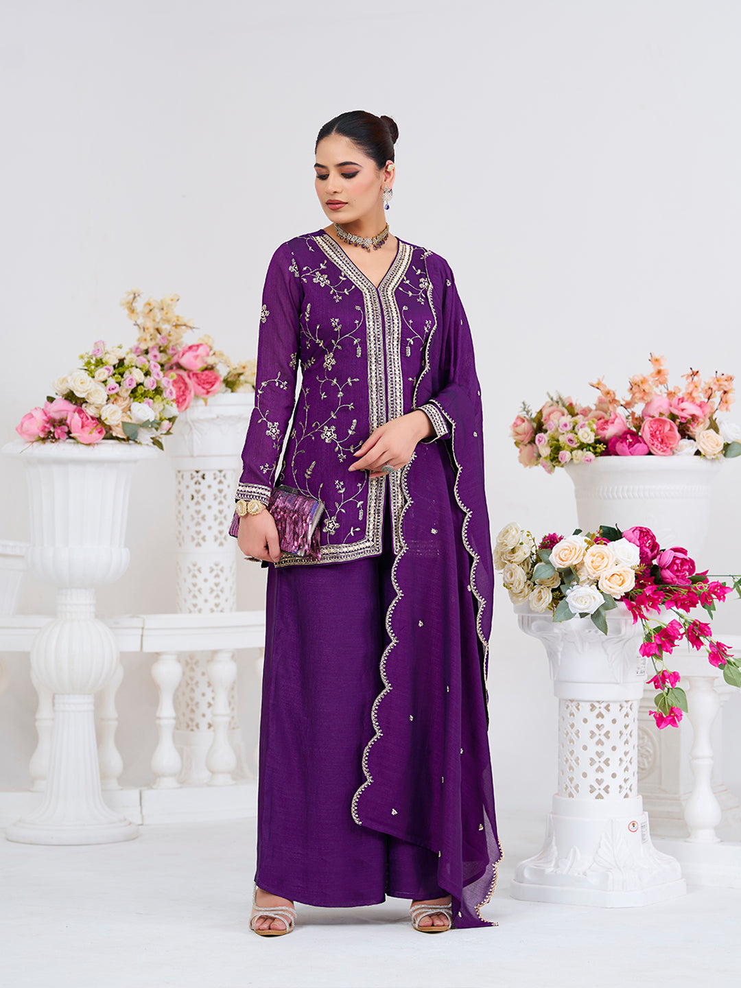 Violet Embroidered Peplum Top with Sharara Set