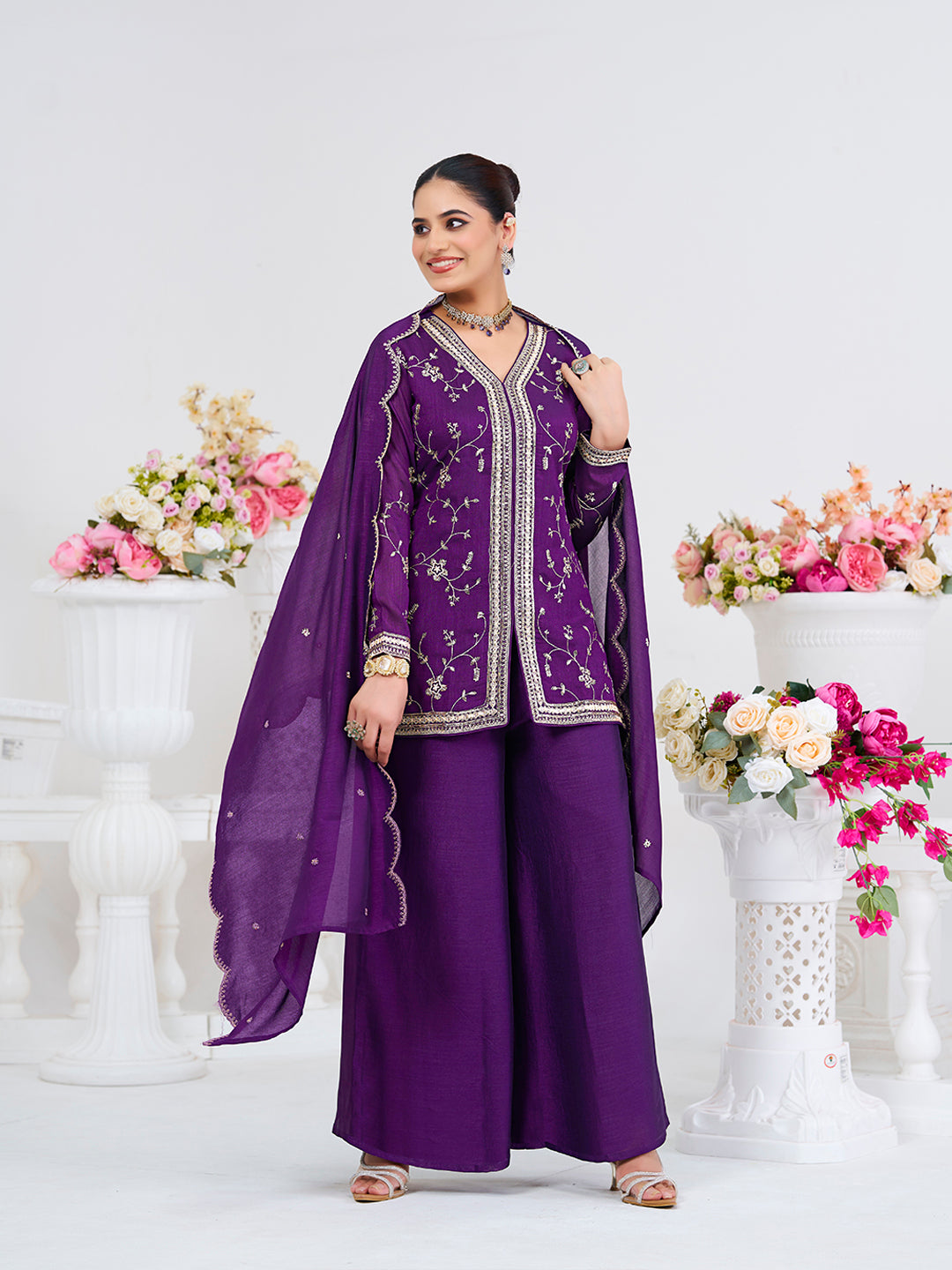 Violet Embroidered Peplum Top with Sharara Set