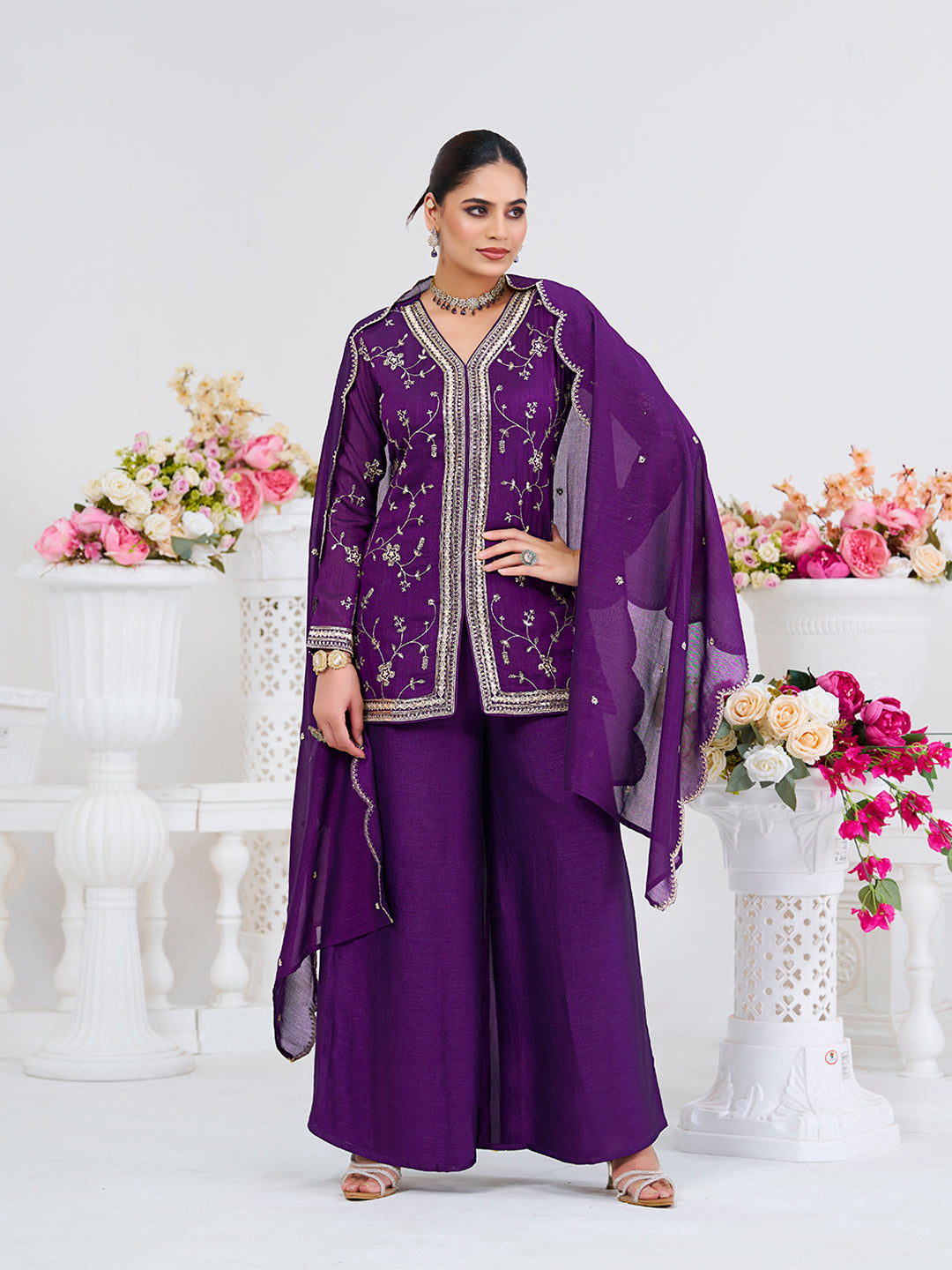Violet Embroidered Peplum Top with Sharara Set