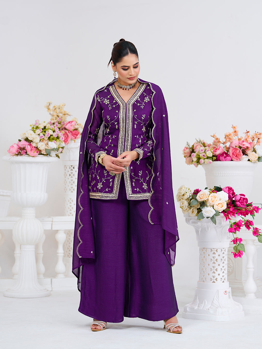Violet Embroidered Peplum Top with Sharara Set