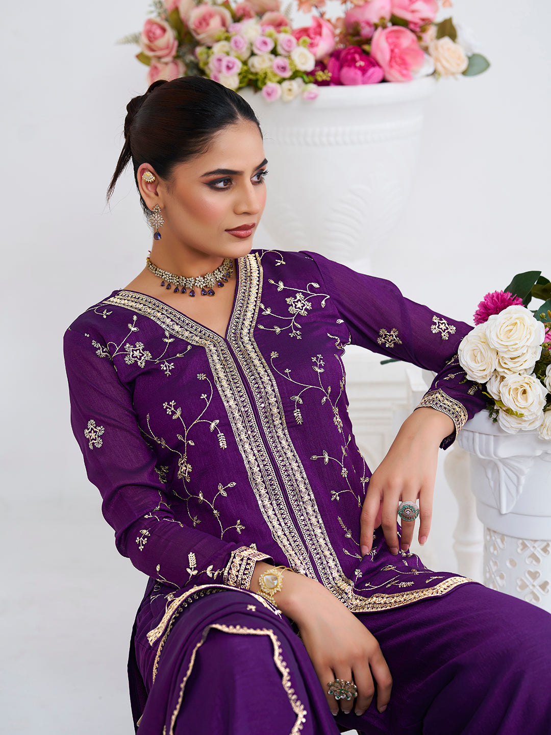 Violet Embroidered Peplum Top with Sharara Set