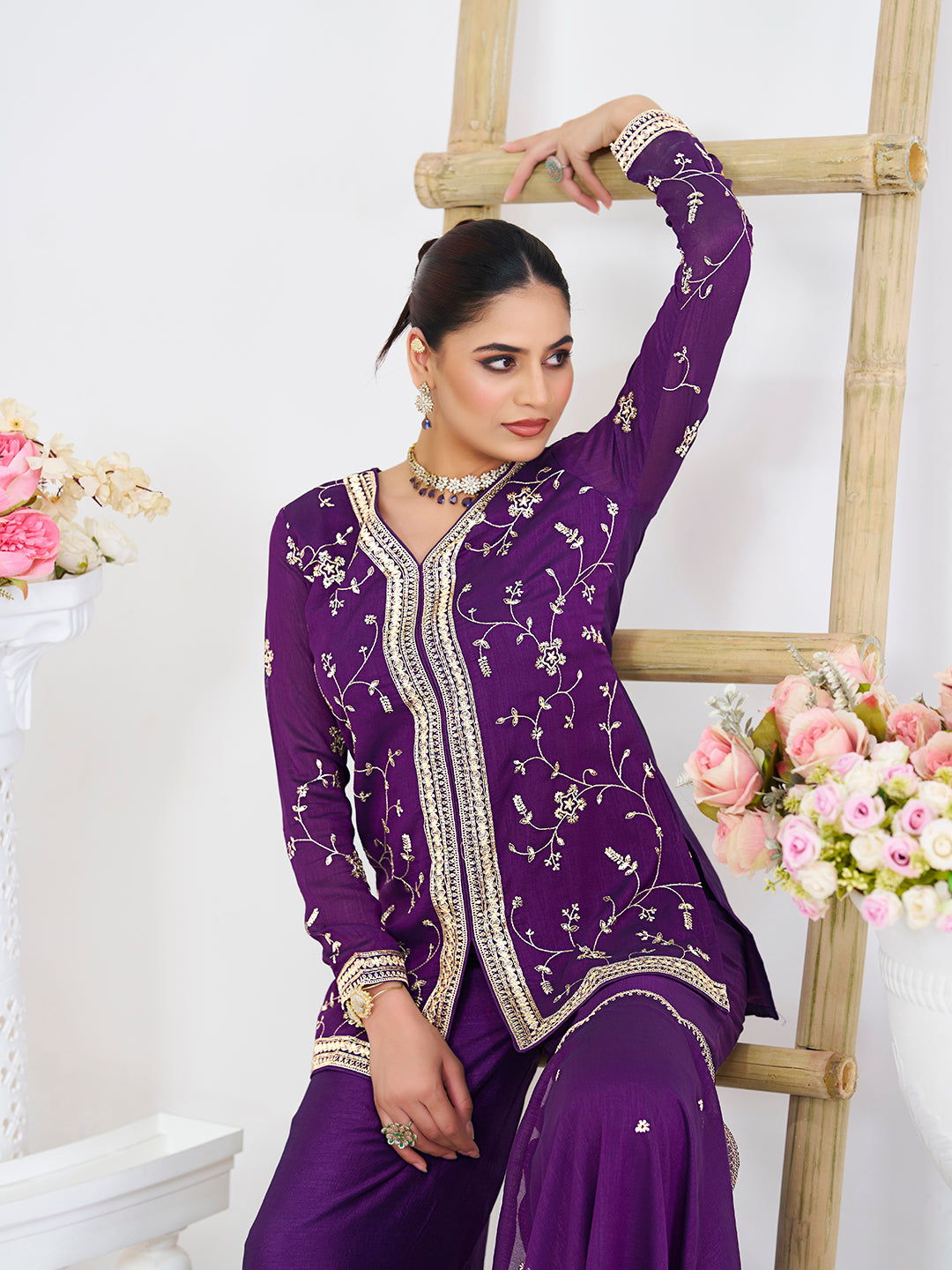 Violet Embroidered Peplum Top with Sharara Set