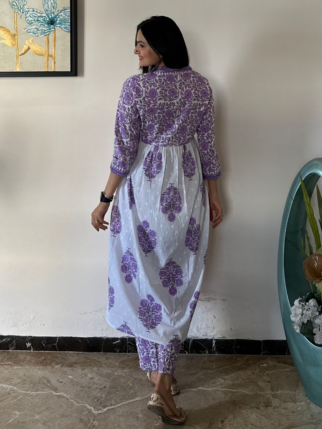 Lavender Floral Print Cotton Kurta With Pants Set