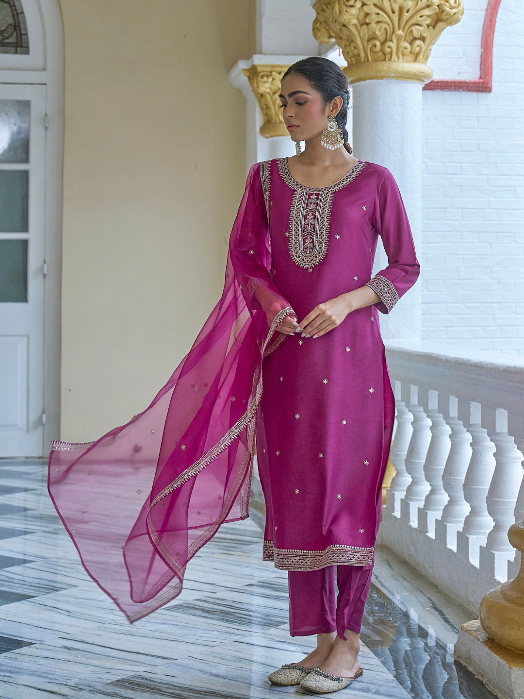 Onion Chinon solid Embroidered Kurta set with dupatta for women