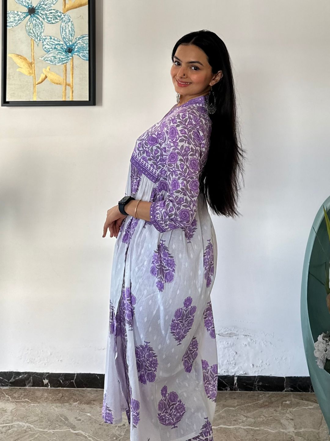 Lavender Floral Print Cotton Kurta With Pants Set