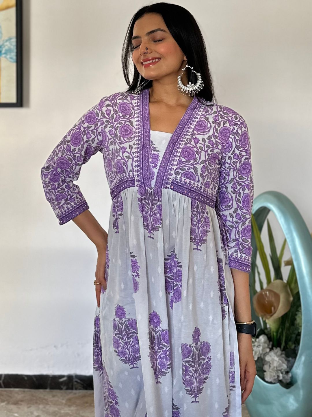 Lavender Floral Print Cotton Kurta With Pants Set