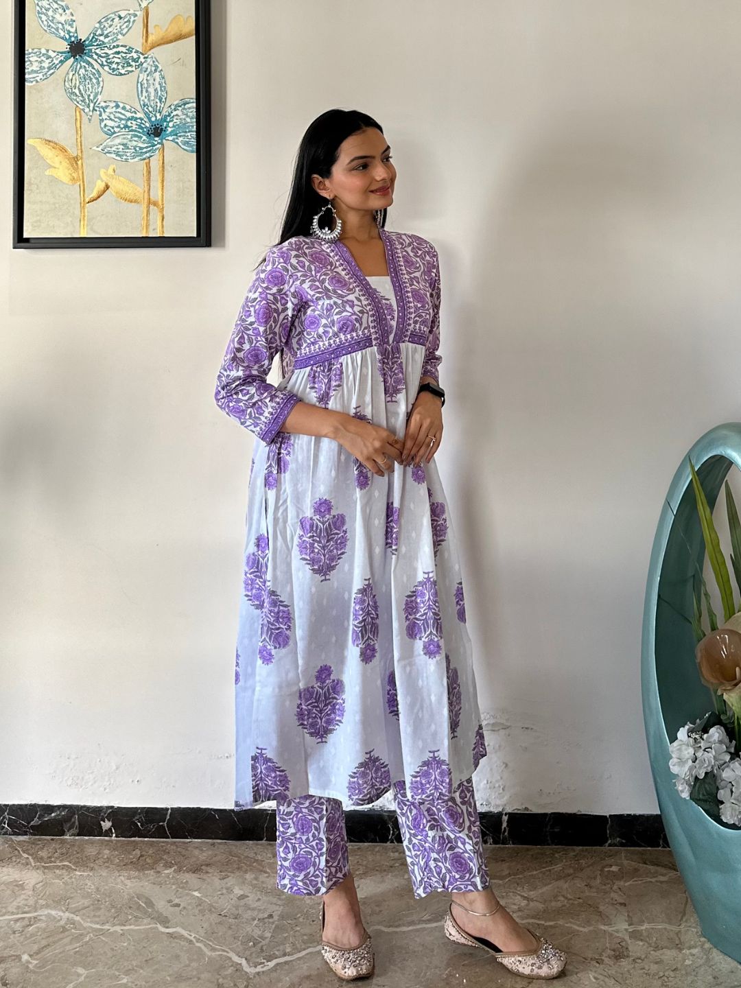 Lavender Floral Print Cotton Kurta With Pants Set