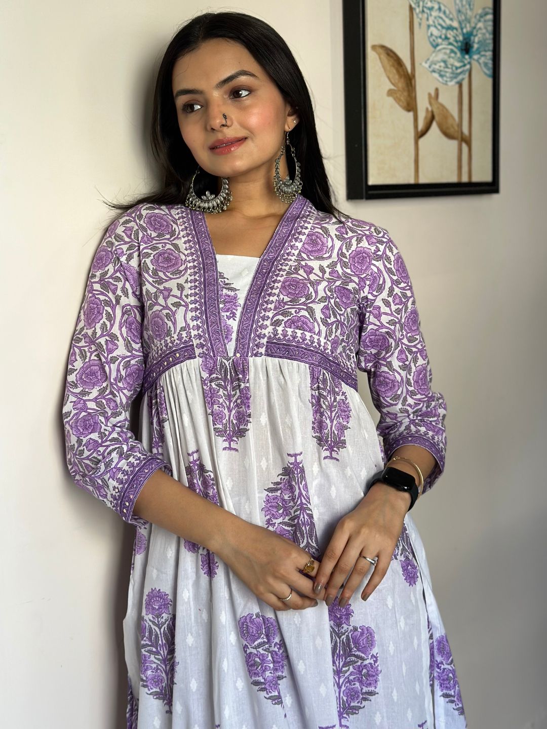 Lavender Floral Print Cotton Kurta With Pants Set
