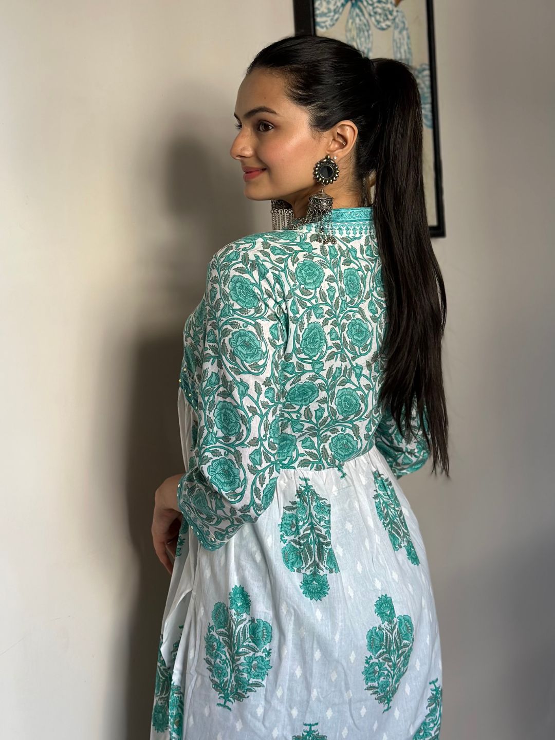 Aqua Blue Floral Print Cotton Kurta With Pants Set