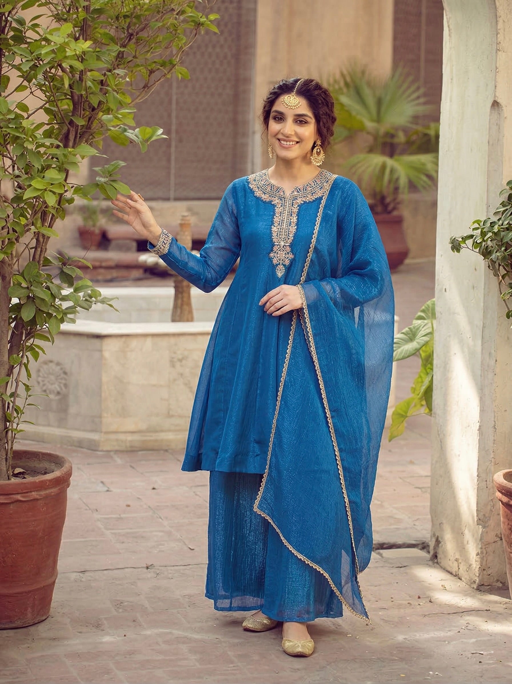 Blue Silk Embroidered Anarkali Kurta Set with Dupatta for Women