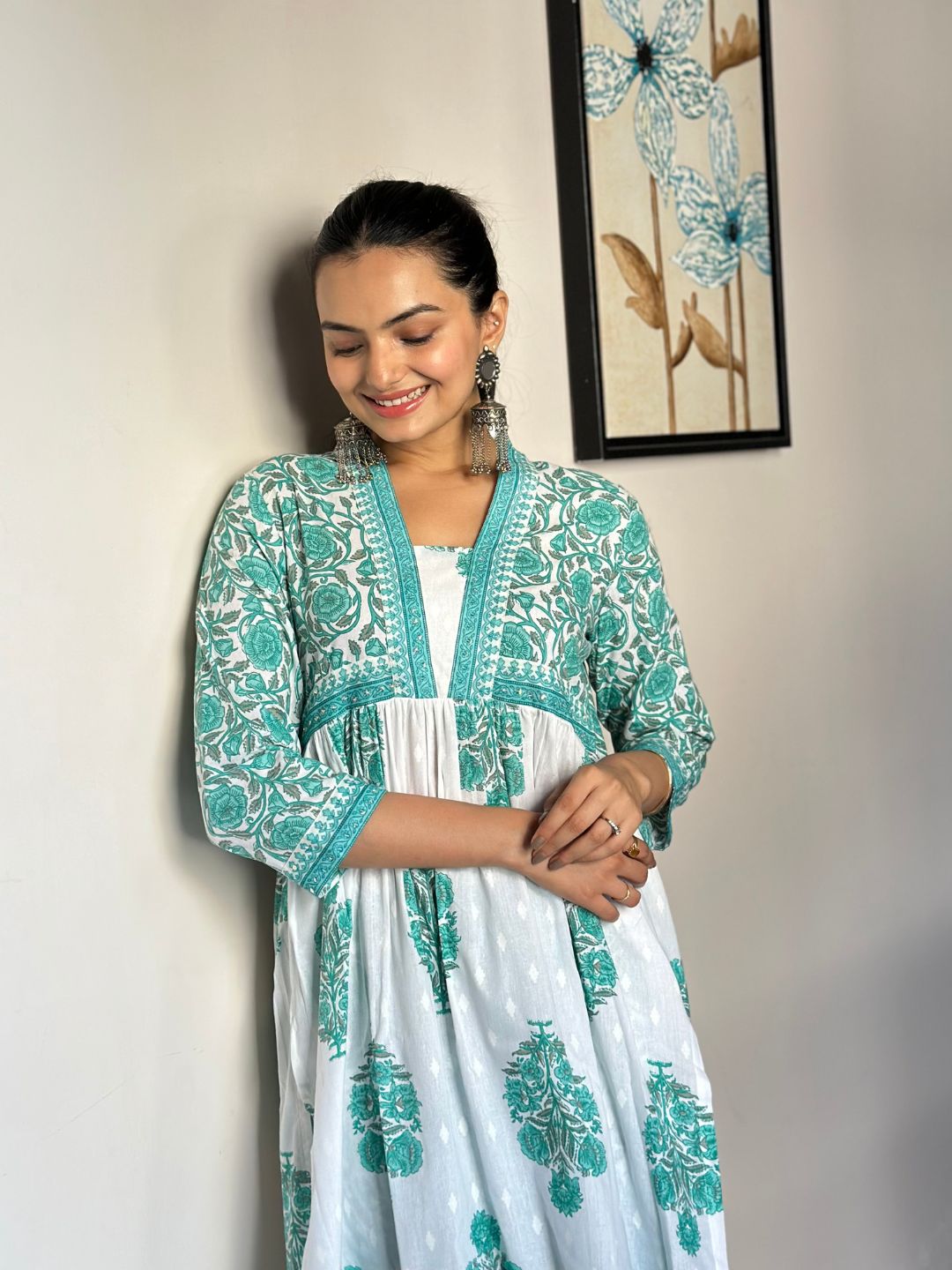 Aqua Blue Floral Print Cotton Kurta With Pants Set