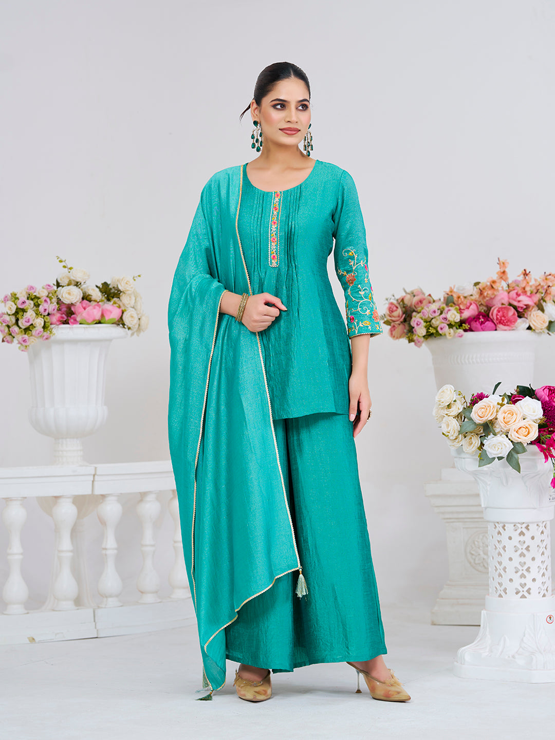 C Green Embroidered Peplum Top with Sharara Set