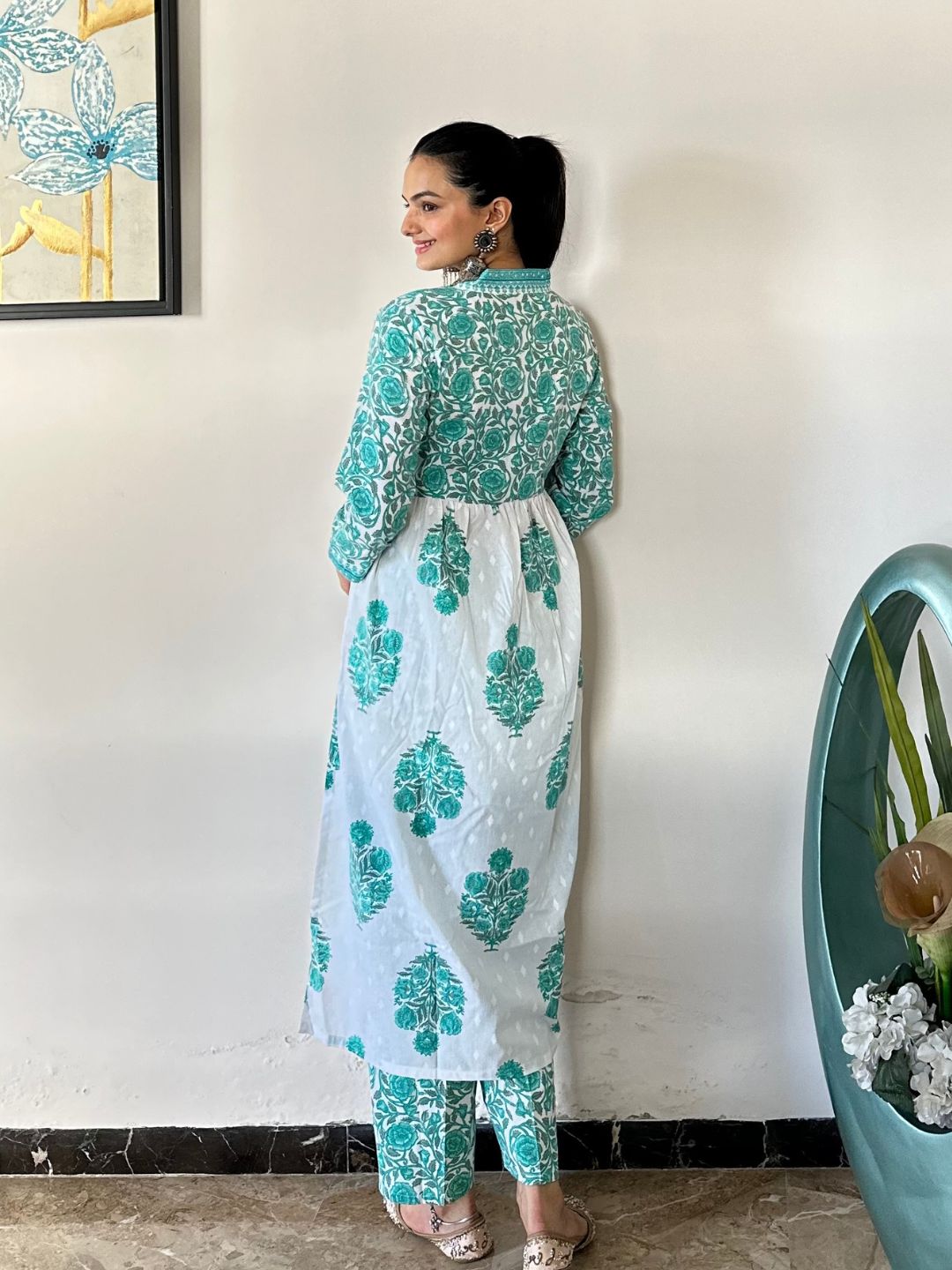 Aqua Blue Floral Print Cotton Kurta With Pants Set