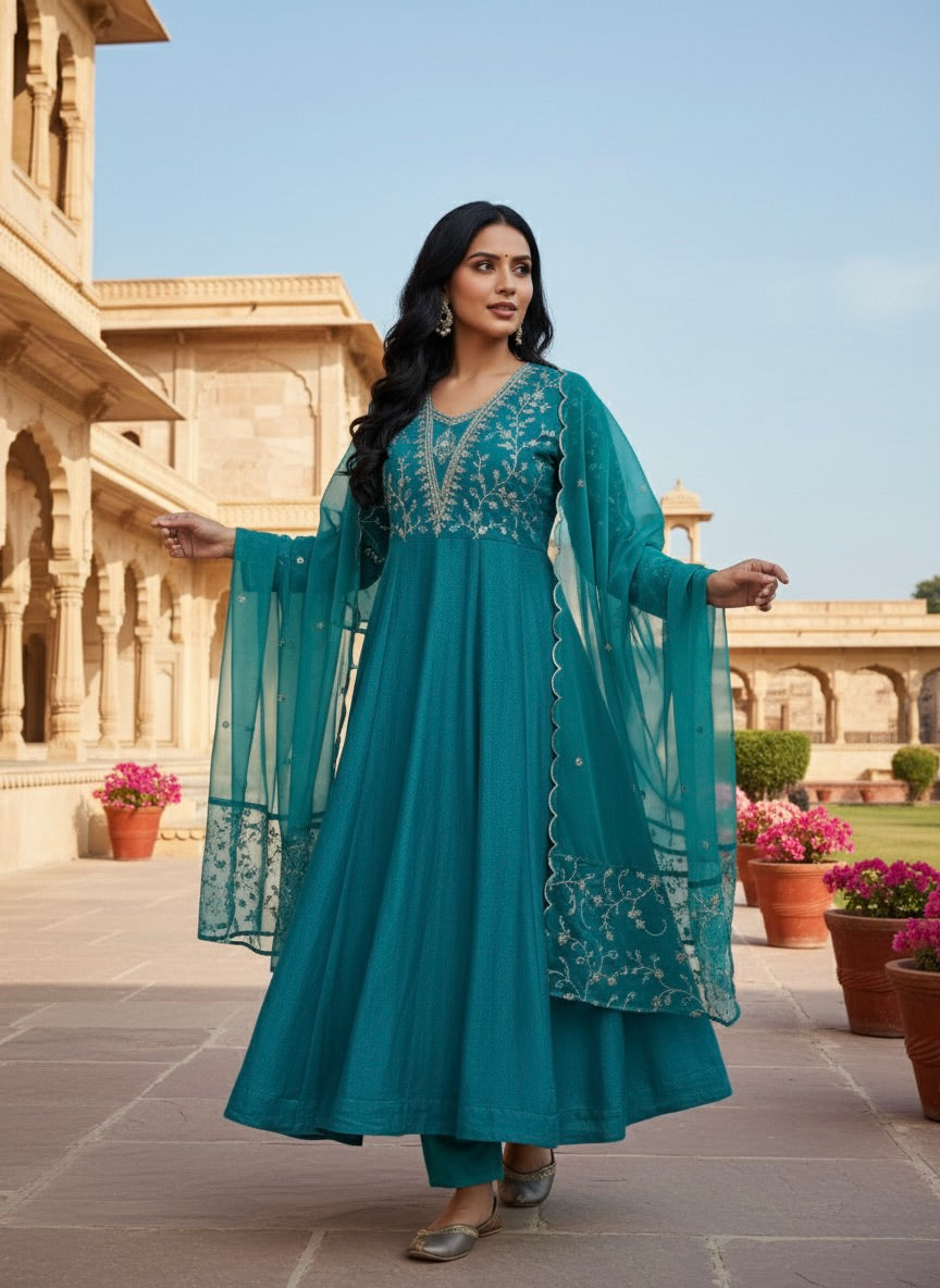 Rama Embroidered Silk Anarkali Kurta With Dupatta Set