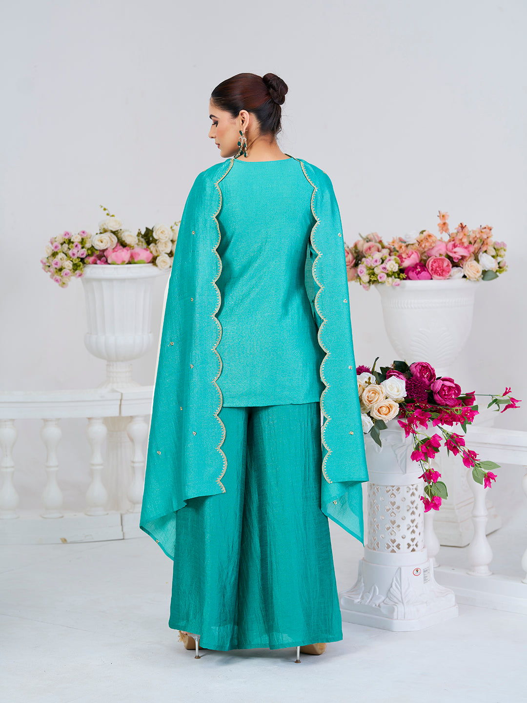 C-Green Embroidered Peplum Top with Sharara Set