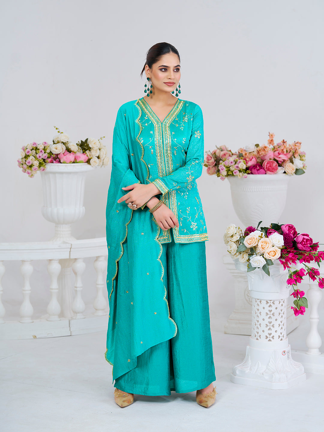 C-Green Embroidered Peplum Top with Sharara Set
