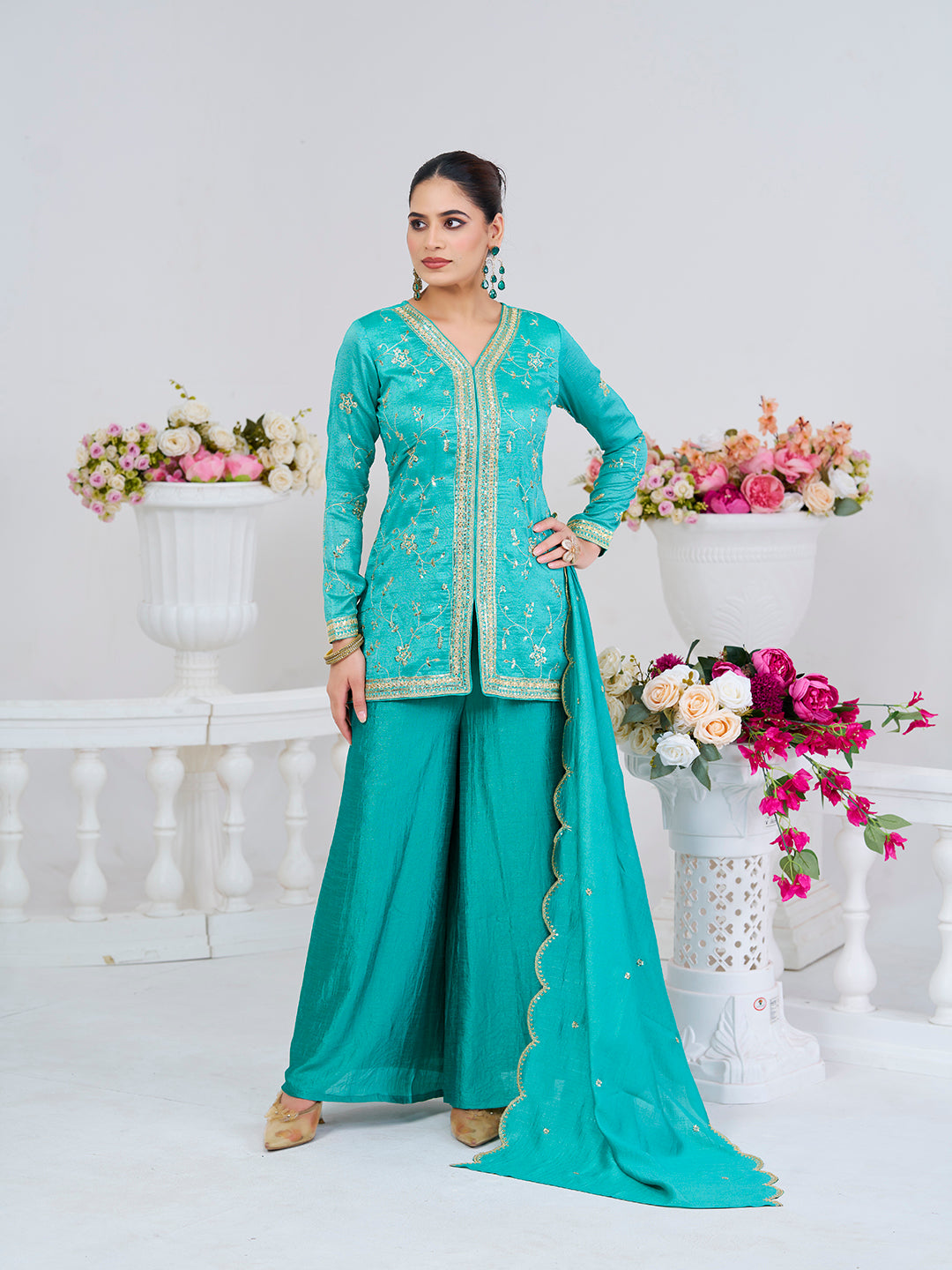 C-Green Embroidered Peplum Top with Sharara Set