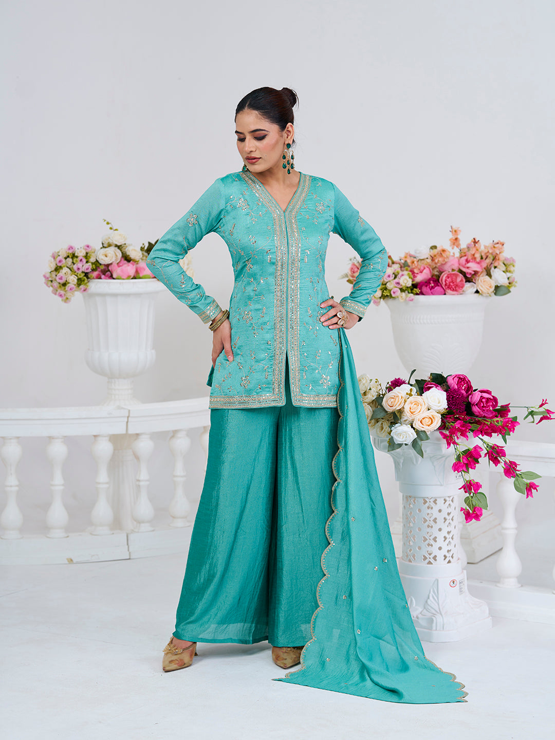 C-Green Embroidered Peplum Top with Sharara Set