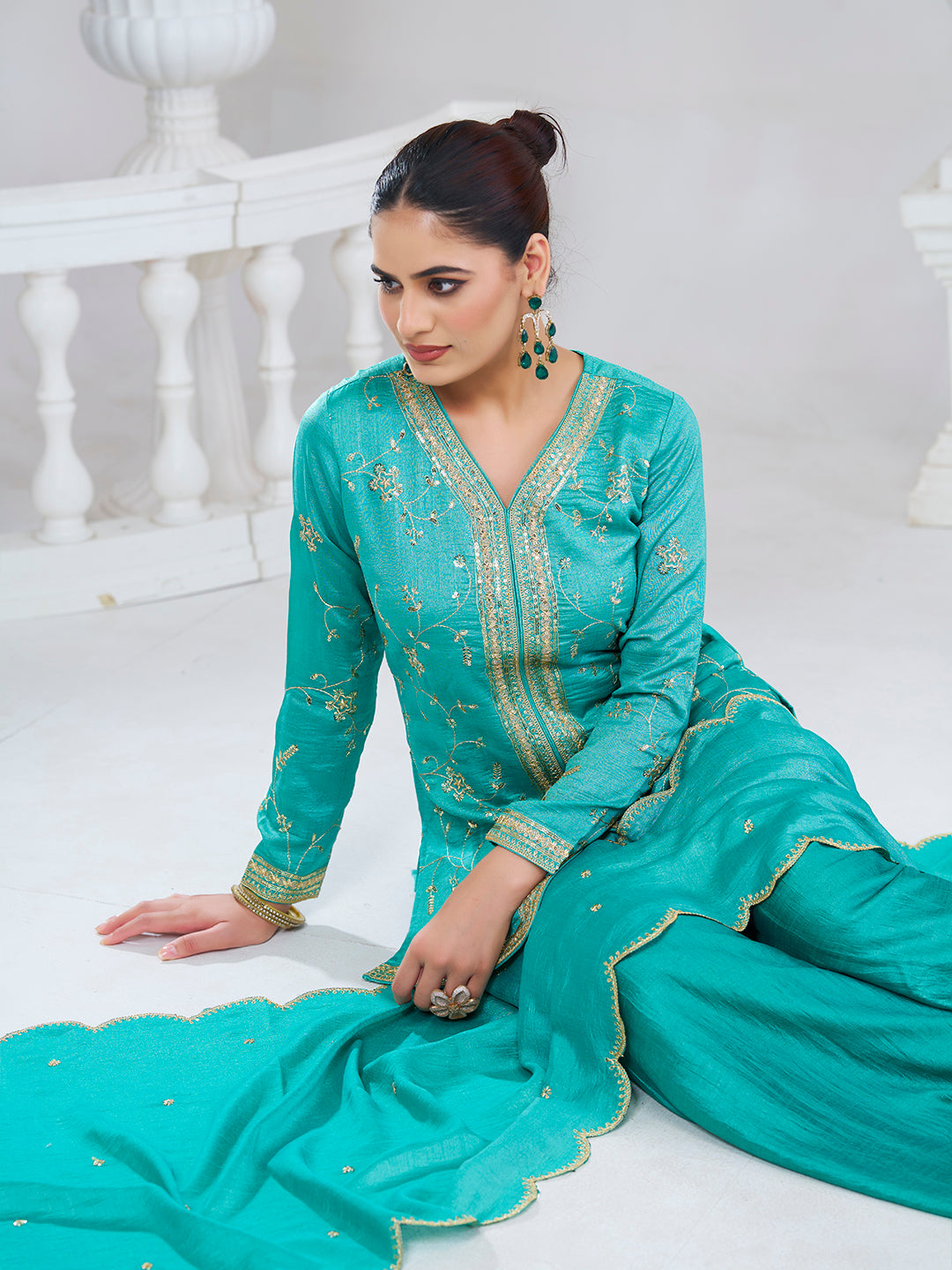 C-Green Embroidered Peplum Top with Sharara Set