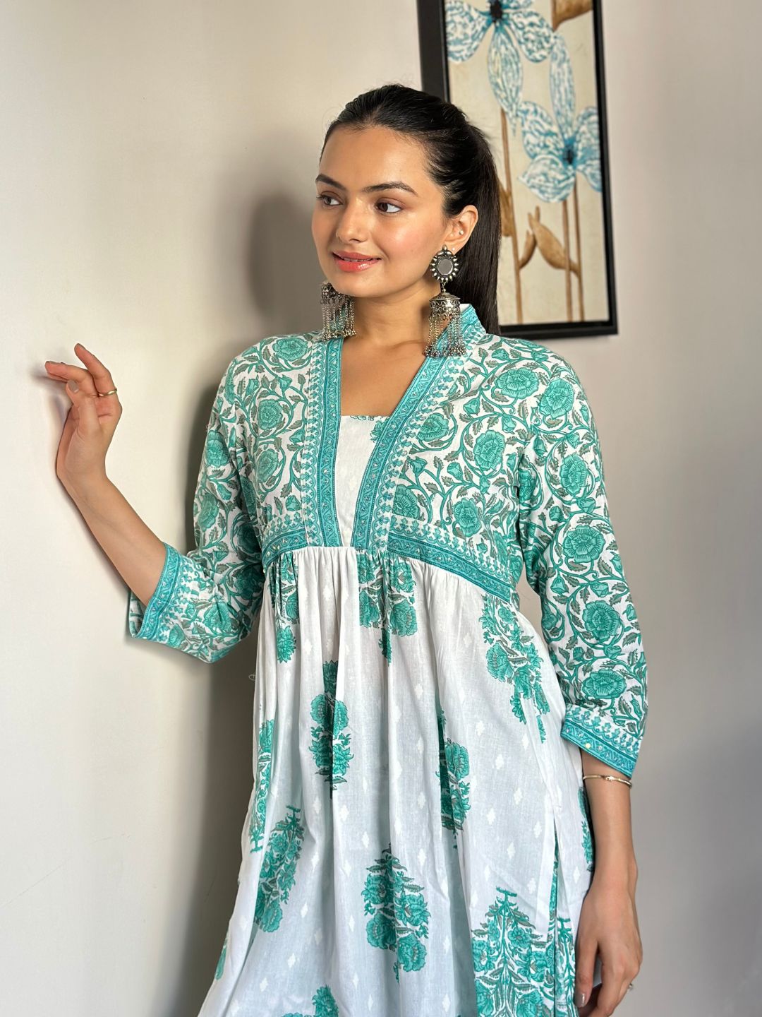 Aqua Blue Floral Print Cotton Kurta With Pants Set