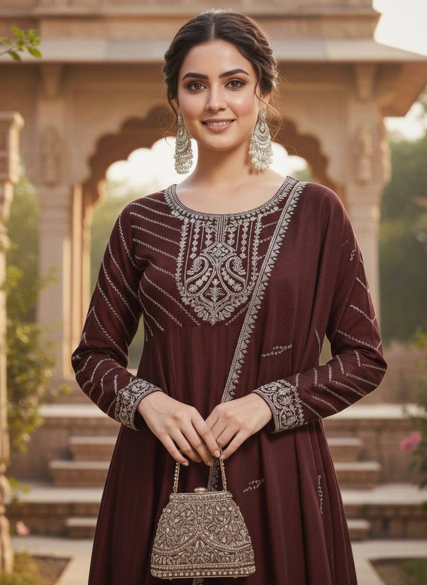 Coffee Embroidered Silk Anarkali Kurta With Dupatta Set