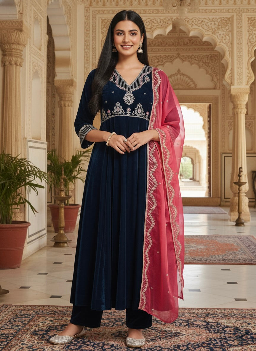Teal Blue Solid Velvet Anarkali Suit With Dupatta