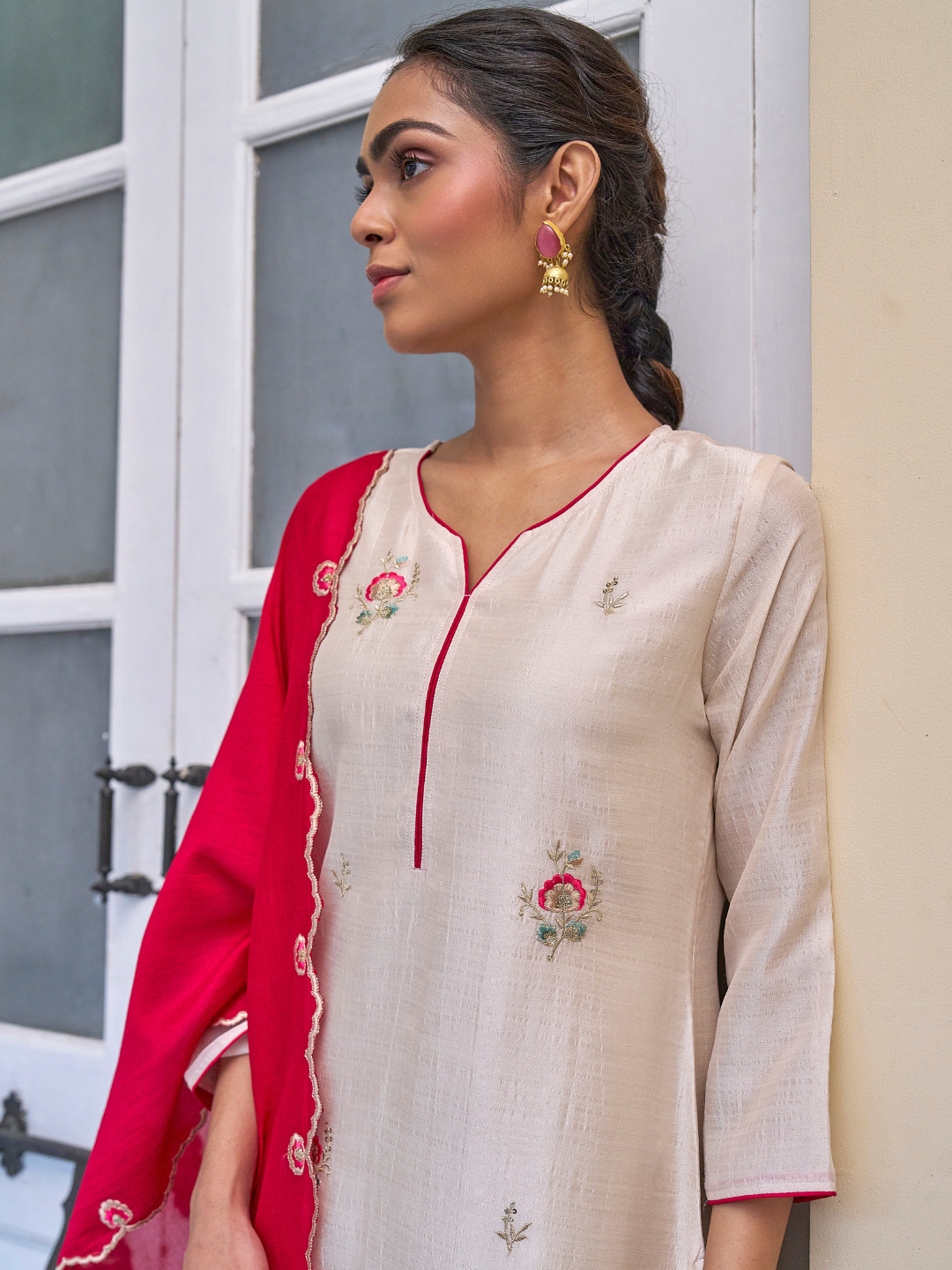 Cream Embroidered Chinon Kurta with Dupatta Set