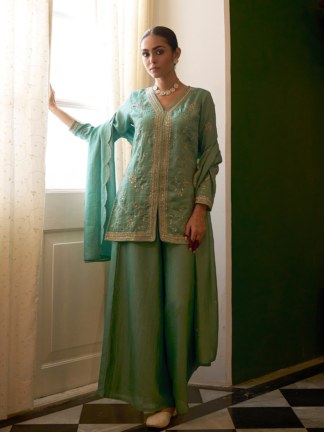 C-Green Embroidered Peplum Top with Sharara Set