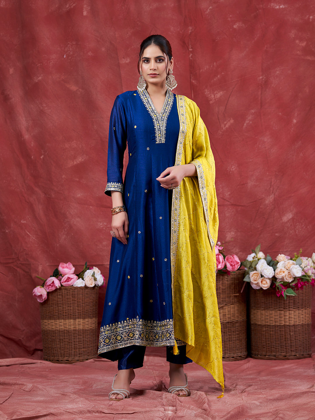 Teal Blue Embroidered Silk Anarkali Kurta With Dupatta Set
