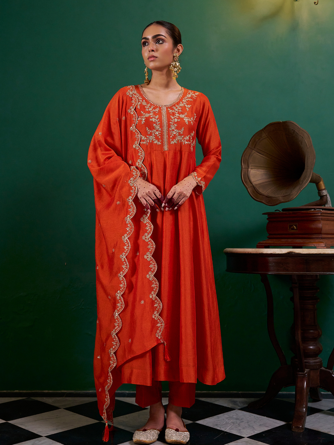 Orange Silk Embroidered Anarkali Kurta And Dupatta set
