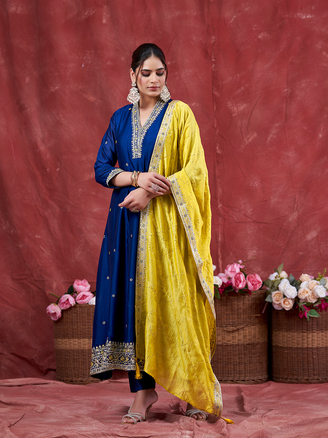 Teal Blue Embroidered Silk Anarkali Kurta With Dupatta Set