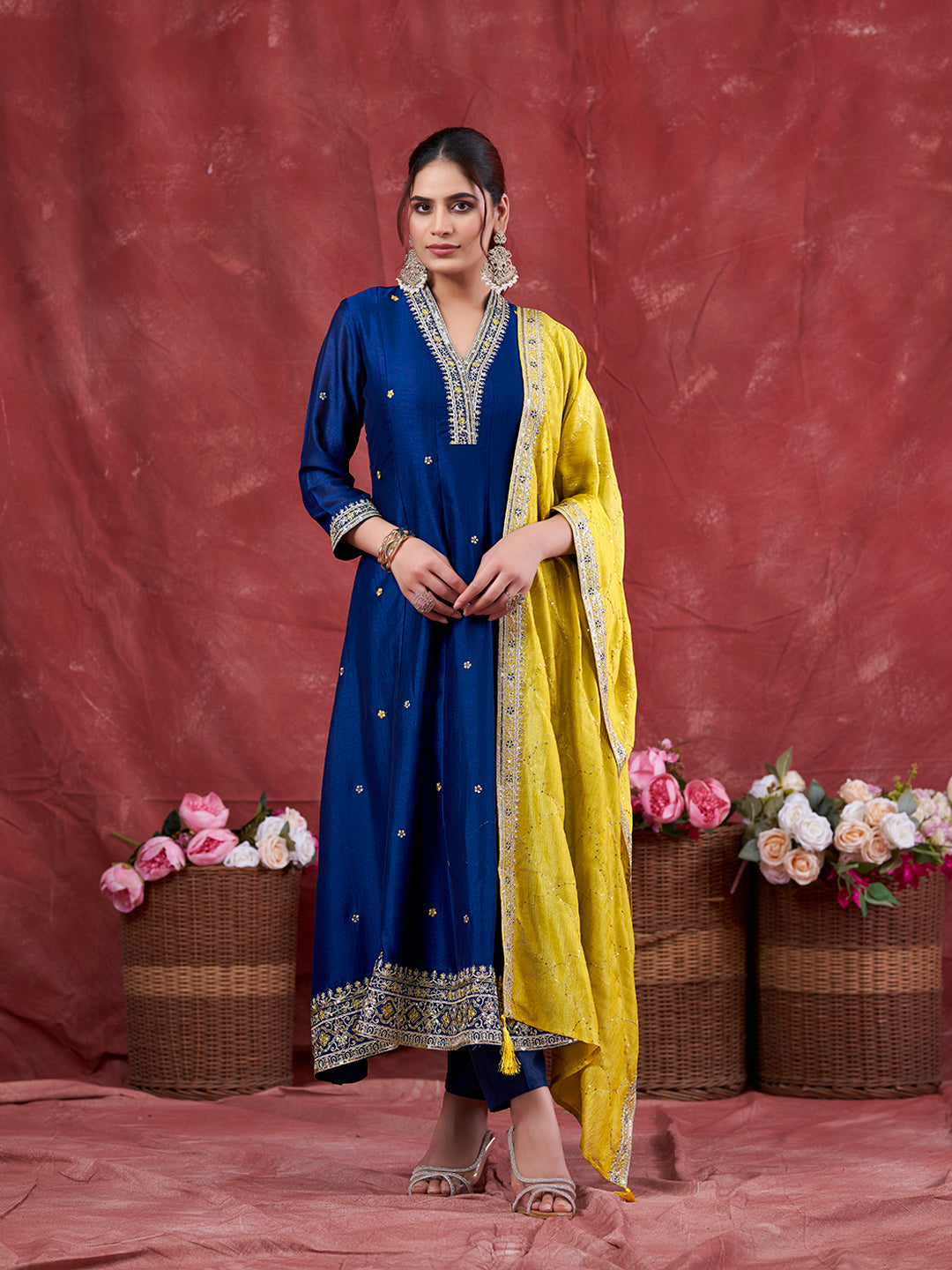 Teal Blue Embroidered Silk Anarkali Kurta With Dupatta Set