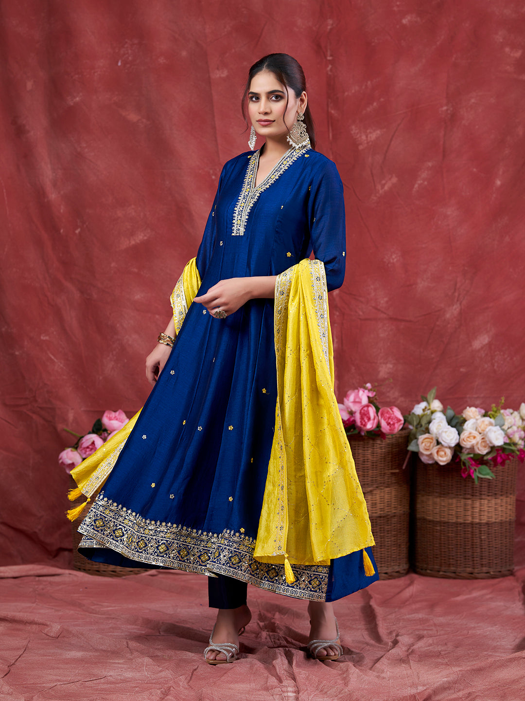 Teal Blue Embroidered Silk Anarkali Kurta With Dupatta Set