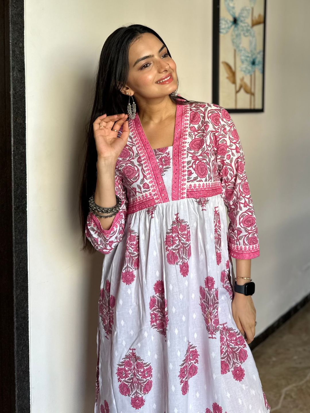 Pink Floral Print Cotton Kurta With Pants Set