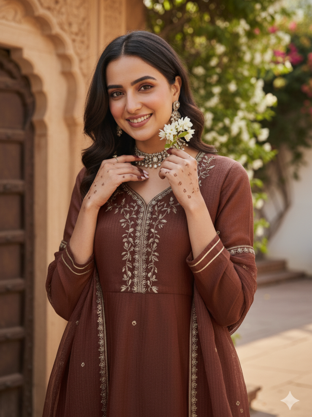 Coffee Embroidered Peplum Top with Sharara Set