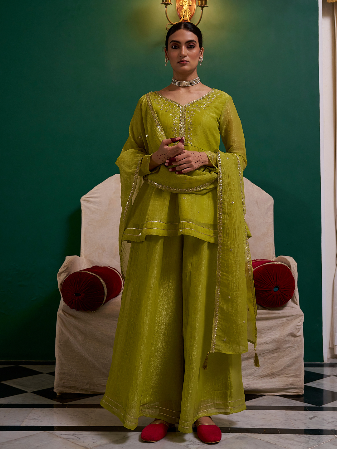 Neon Embroidered Peplum Top with Sharara Set