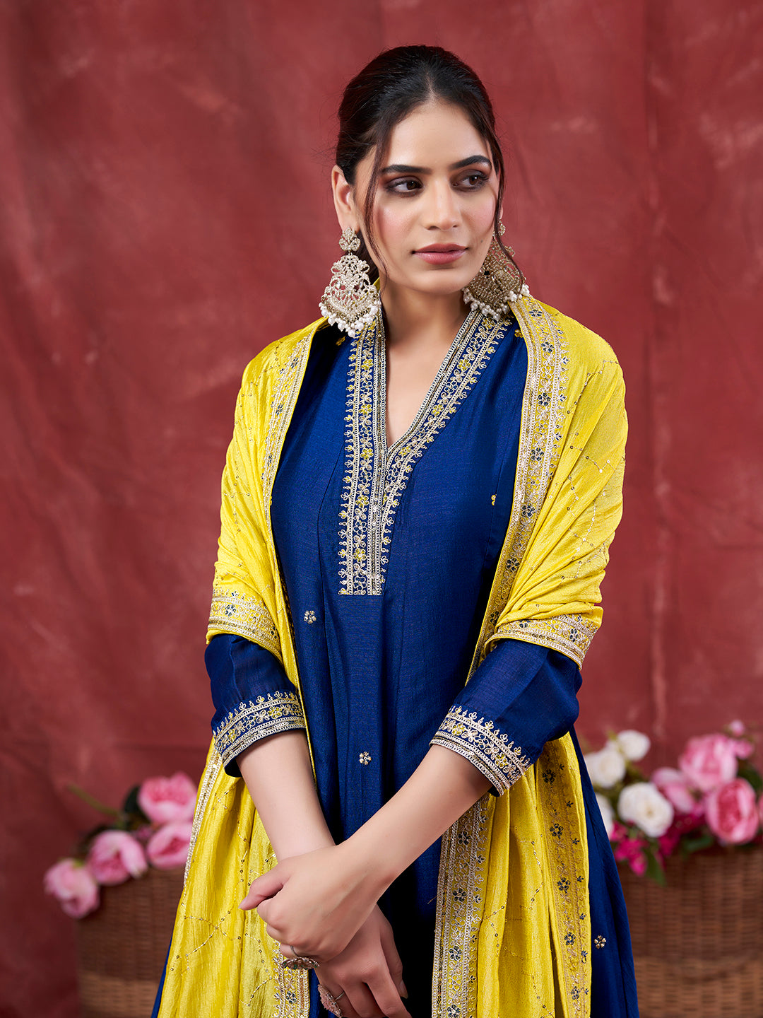 Teal Blue Embroidered Silk Anarkali Kurta With Dupatta Set