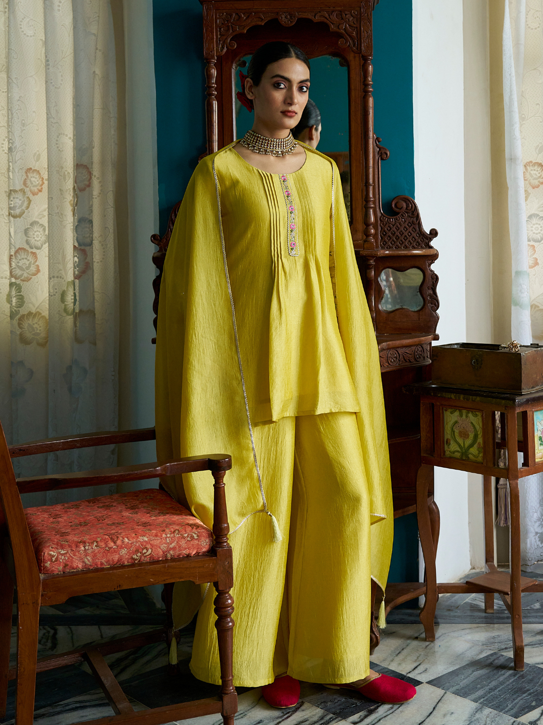Lemon Yellow Embroidered Peplum Top with Sharara Set
