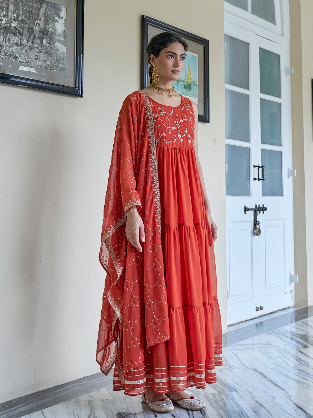 Orange Embroidered Tiered Anarkali Kurta with Dupatta set