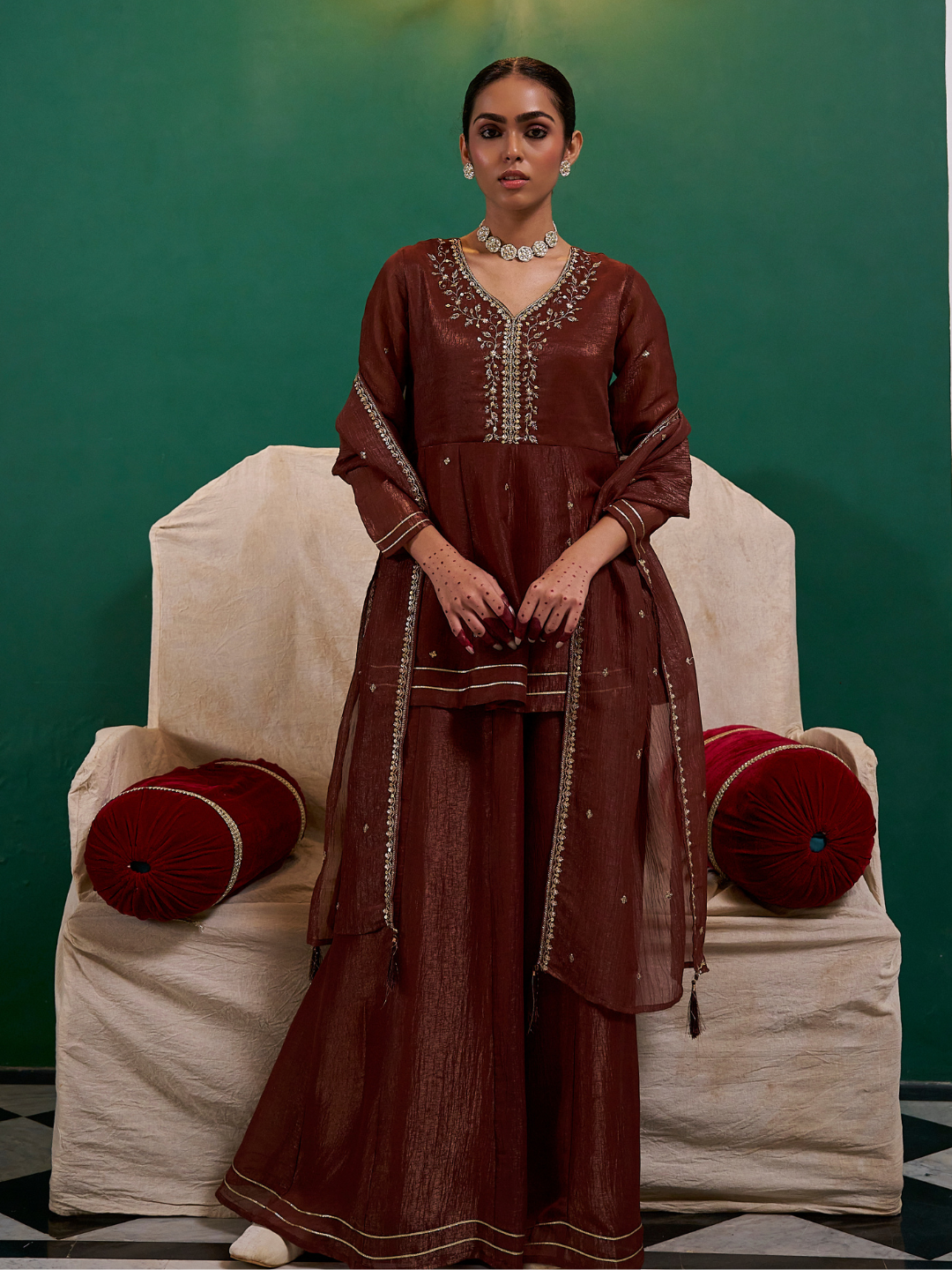 Coffee Embroidered Peplum Top with Sharara Set