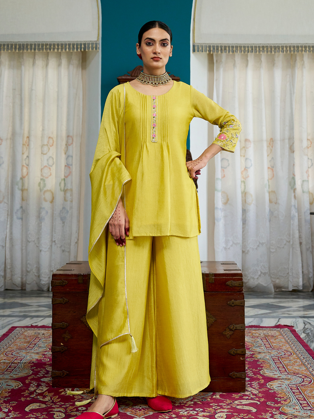 Lemon Yellow Embroidered Peplum Top with Sharara Set